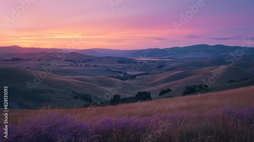 Sunset Over Rolling Hills with Wildflowers