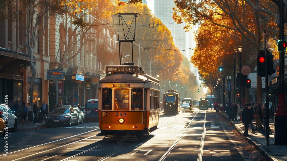 Obraz premium A yellow trolley is driving down a street with people walking on the sidewalk