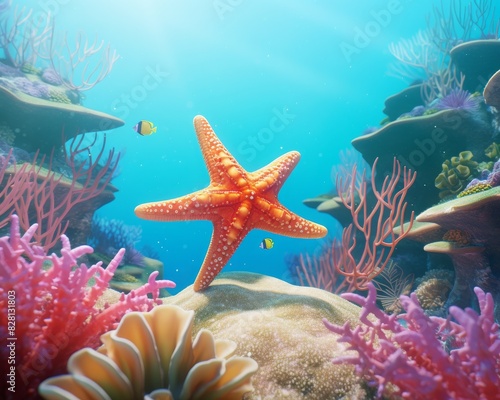 Vibrant underwater scene with a starfish and coral. Bright, colorful marine life in a clear, blue ocean setting. © Jeannaa