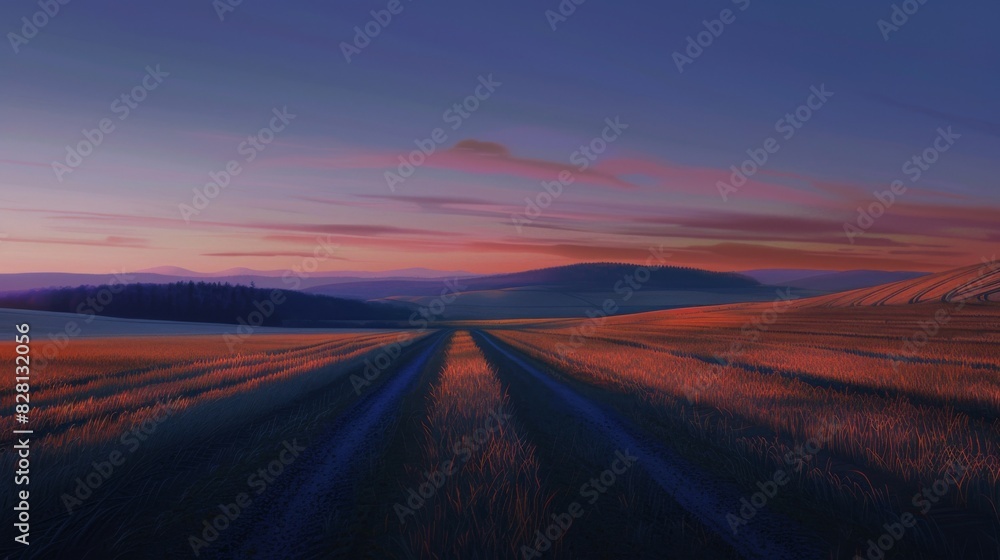 Sunset Over Rolling Farmland with Tracks