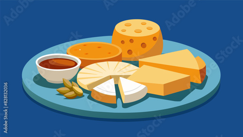 An elegant platter of assorted cheeses including creamy brie sharp cheddar and tangy goat cheese served with crisp crackers and honey.. Vector illustration