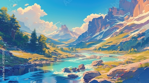 A picturesque mountain river flows in isolation its crystal clear waters coursing swiftly through a stunning mountain backdrop in this vibrant 2d illustration