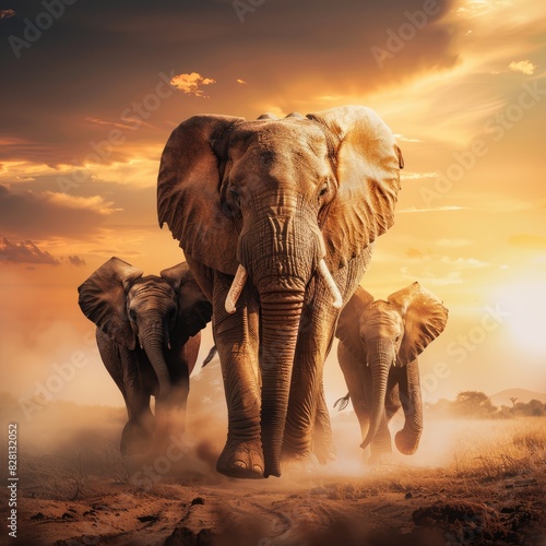 A majestic elephant family crossing a dusty savanna under the golden light of sunset isolated on white background   © Sem