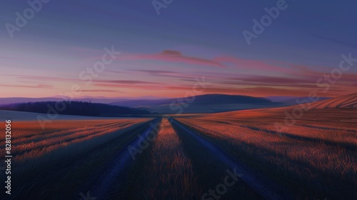 Sunset Over Rolling Farmland with Tracks