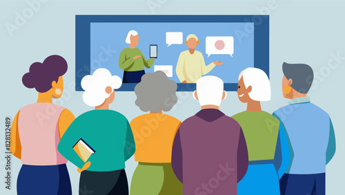 A group of seniors gathered around a projector screen oohing and aahing over a slideshow of their own stunning photographs.. Vector illustration