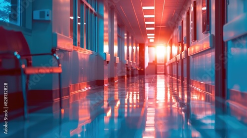 Double exposure of hospital hallway with red and blue lights reflecting off the floor.
