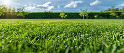 Wide view of manicured green grass lawn against a backdrop of blue sky and green trees created with Generative AI Technology
