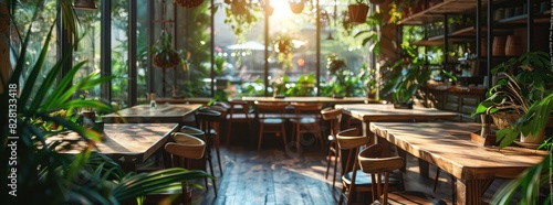 cozy and inviting restaurant interior with wooden tables, chairs, and leather sofas arranged in an open space