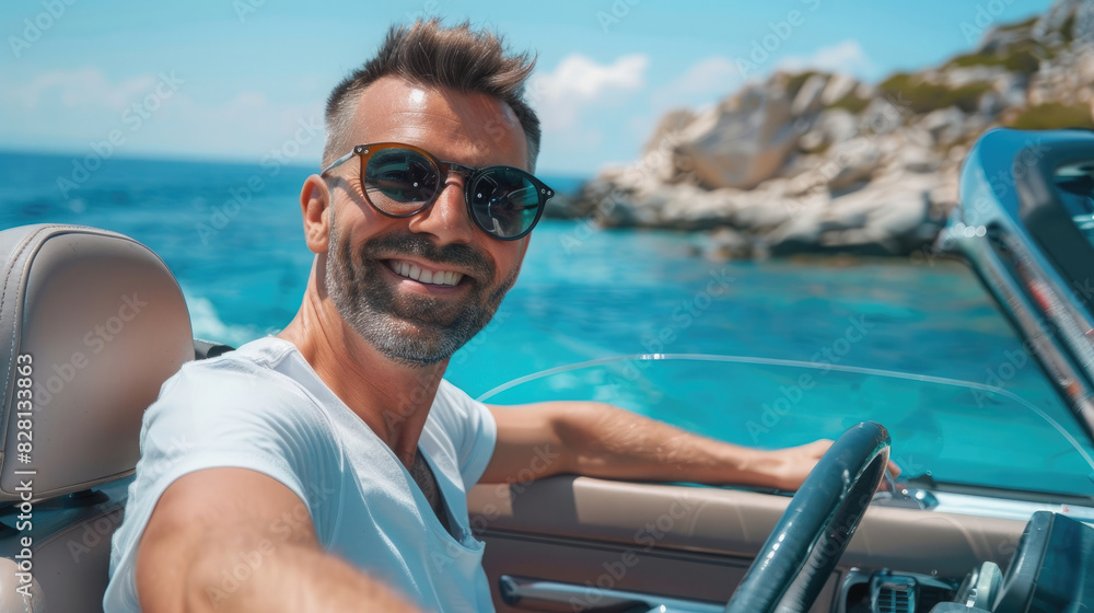 handsome smiling man driving open top car wearing sunglasses and a t-shirt against the background of the blue sea in a sunny day created with Generative AI Technology