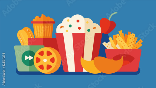 A tasty variety of y bites including bold Cajun popcorn and tangy sriracha potato chips.. Vector illustration