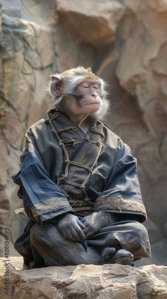 a monkey wearing a chinese robe with his eyes closed was mediating and sitting on a large rock