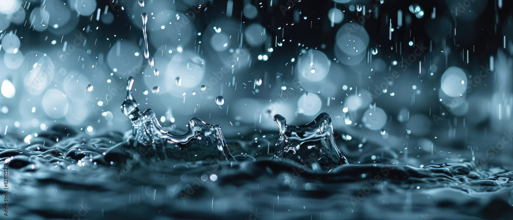 Close-up Water drops fall and splashes slowly in a puddle of water when it rains in a cloudy atmosphere Close-up Water drops fall and splashes slowly in a puddle of water when it rains in a cloudy atmosphere