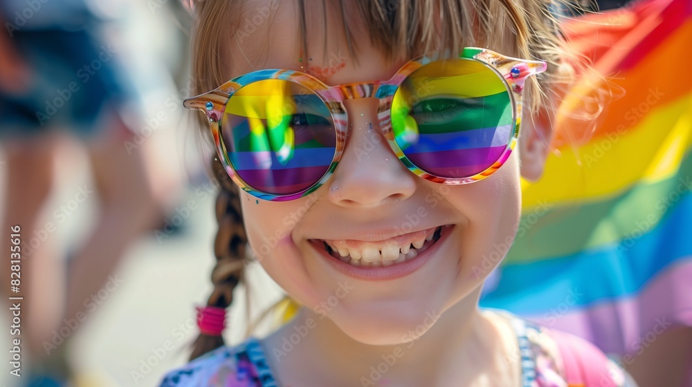 Close up of smiling little girl with rainbow glasses and painted face at pride parade, photo taken in the style unsplash photography style, natural colors. Close up of smiling little girl with rainbow glasses and painted face at pride parade, photo taken in the style unsplash photography style, natural colors.