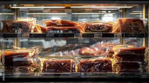 Vacuum-sealed meat packages arranged in a refrigerated display case at a store. photo