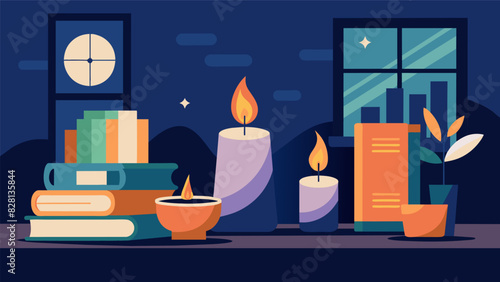 Aromatherapy candles flicker in the study providing a calming ambiance for studying or working.. Vector illustration