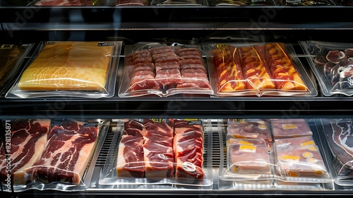 Vacuum-sealed meat packages arranged in a refrigerated display case at a store.