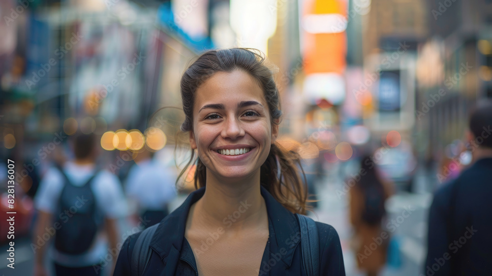 A smiling businesswoman looks ahead and stands in the middle of a busy city street and light background with calm colors and soft lighting A smiling businesswoman looks ahead and stands in the middle of a busy city street and light background with calm colors and soft lighting