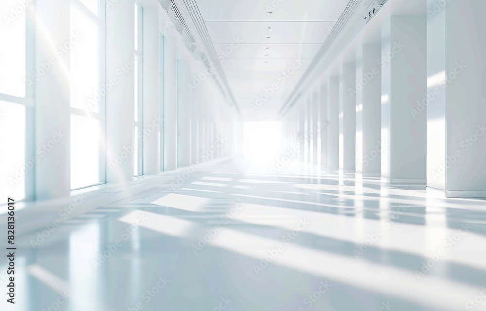 Blurred background of a hospital hall with a white floor and wall, no people or equipment in focus, creating an empty space for copy pasting or text in the center. Blurred background of a hospital hall with a white floor and wall, no people or equipment in focus, creating an empty space for copy pasting or text in the center.