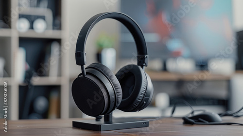 premium matte black headphones hanging on a simple modern headphone stand against a blurred background of a clean and organized modern computer table desk room