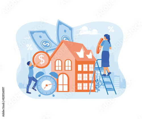 A young couple invests money to buy a house. Bank loan and savings concept. Real estate investment concept. Flat vector illustration.
