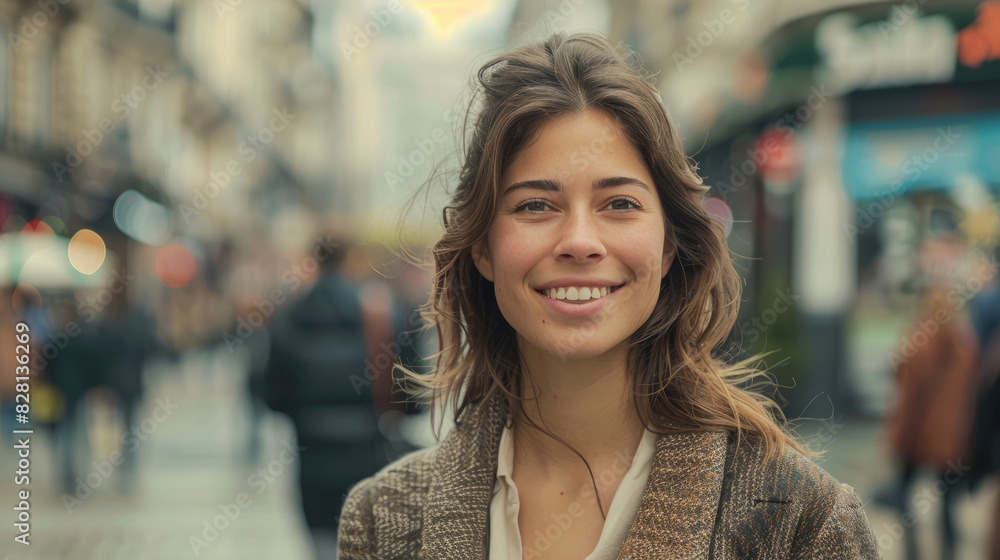 A smiling businesswoman looks ahead and stands in the middle of a busy city street and light background with calm colors and soft lighting A smiling businesswoman looks ahead and stands in the middle of a busy city street and light background with calm colors and soft lighting