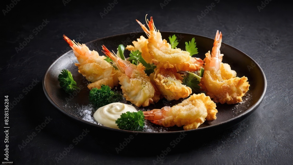 Crispy Shrimp Scampi with Broccoli and a Lemon Wedge, served on a dark plate. Crispy Shrimp Scampi with Broccoli and a Lemon Wedge, served on a dark plate.