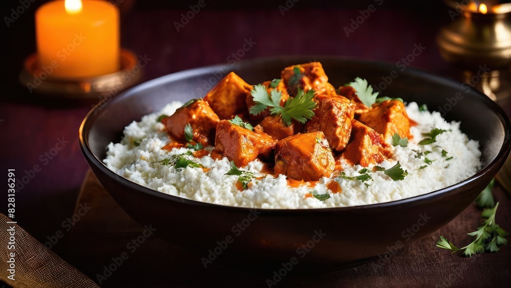 Butter Chicken and Rice in a Bowl, Garnished with Cilantro Leaves, Sitting on a Table. Butter Chicken and Rice in a Bowl, Garnished with Cilantro Leaves, Sitting on a Table.