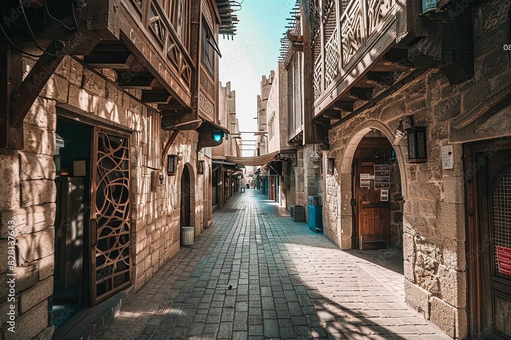 Fototapeta premium A narrow urban alleyway with a green traffic light hanging above