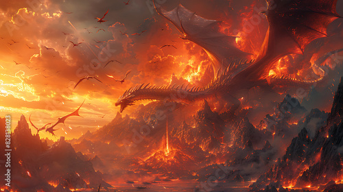 illustration of a mythical realm ruled by dragons with fiery volcanoes enchanted forests and mighty dragon riders soaring through the skies on majestic winged beasts photo