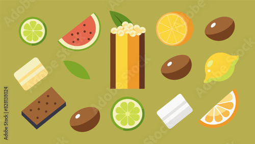 An array of unique flavor combinations from sweet and y cashew bars to tangy lime coconut bars.. Vector illustration