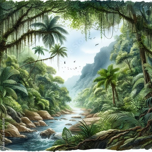 Watercolor Illustration of a Lush Tropical Rainforest Canopy