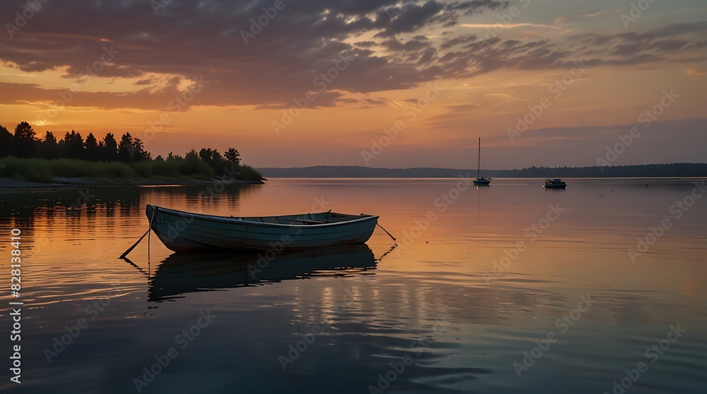 Naklejka premium boat sits calmly in a lake at sunset.