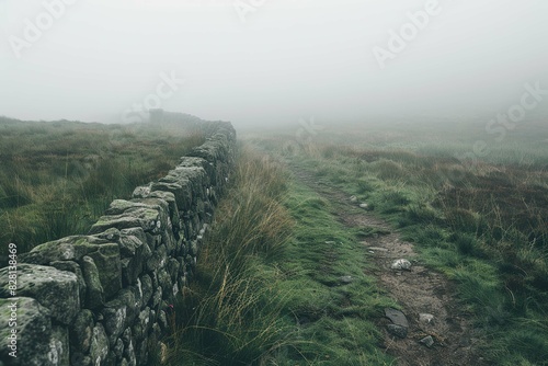 Foggy moors with an old stone wall photo