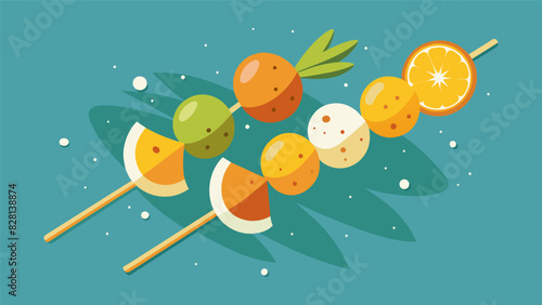 A playful presentation of fruit skewers drizzled with honey and sprinkled with coconut flakes.. Vector illustration