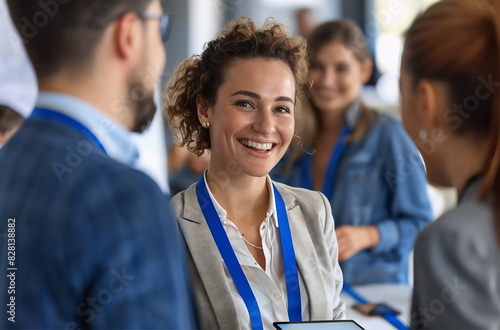 Business conference networking session. A women smiles at a conference. Group of diverse business people in background. Successful business people concept