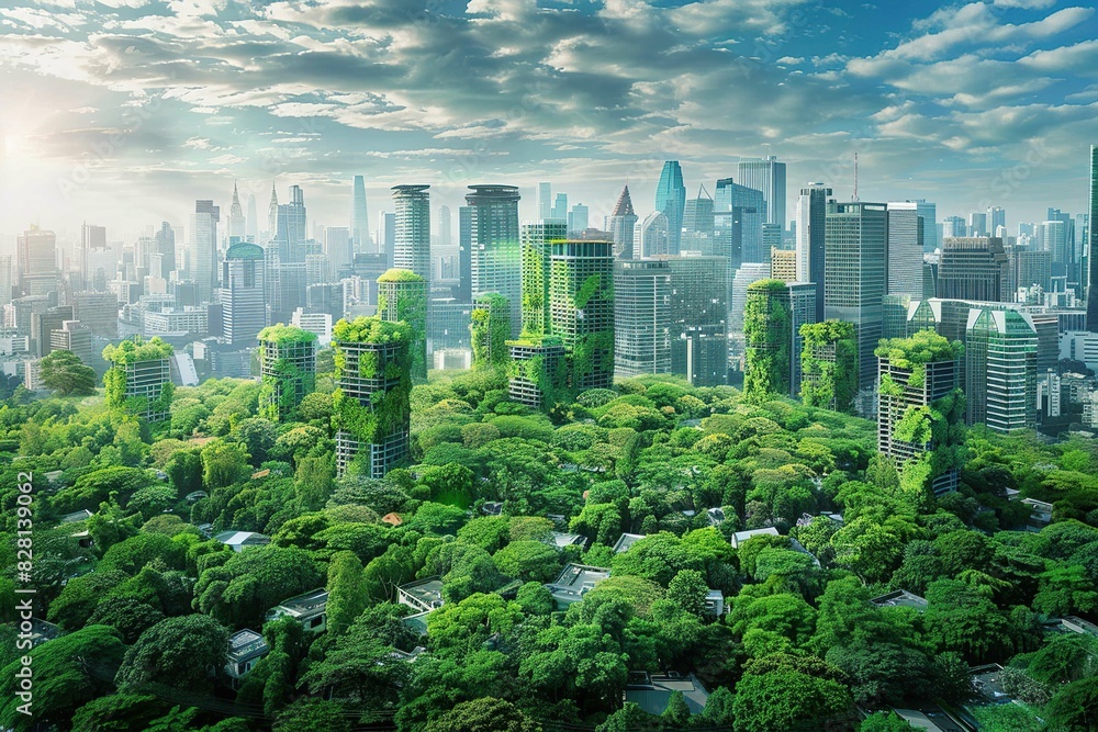 Obraz premium city skyline with overgrown foliage 
