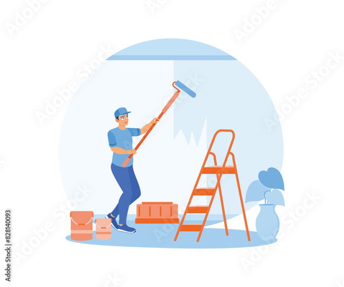 Home renovation services. The painter paints the walls inside the house. Home renovation concept. Flat vector illustration.