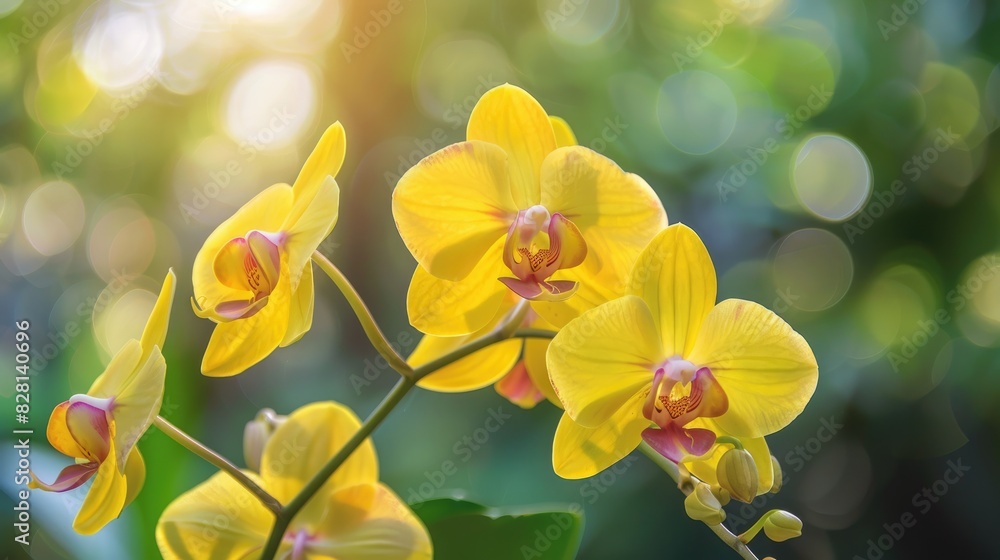 Yellow orchids in full bloom in the garden with a natural backdrop Yellow orchids in full bloom in the garden with a natural backdrop