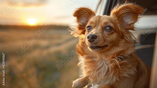 A delighted dog peeks out of the car window, embracing the exhilarating feeling of the wind. Its wagging tail reflects pure joy. © tong2530