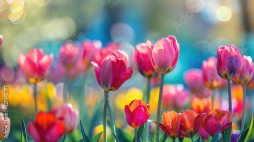 Vibrant Tulips in Full Bloom on a Bright Spring Day with a Blurry Background photo