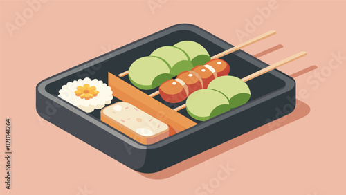 A satisfying bento box perfect for a picnic lunch with grilled chicken skewers cucumber maki and creamy potato salad.. Vector illustration