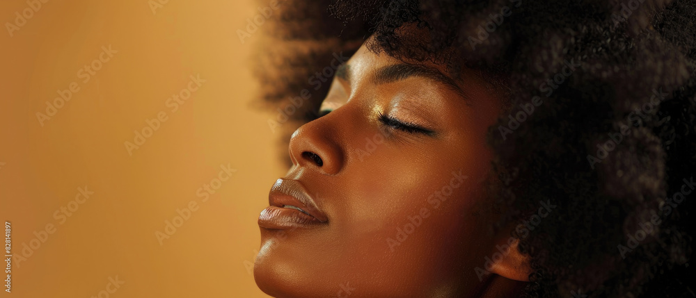 beautiful portrait of black brown woman model with natural face, afro shining curly hair, skin care and cosmetics on brown studio background beautiful portrait of black brown woman model with natural face, afro shining curly hair, skin care and cosmetics on brown studio background
