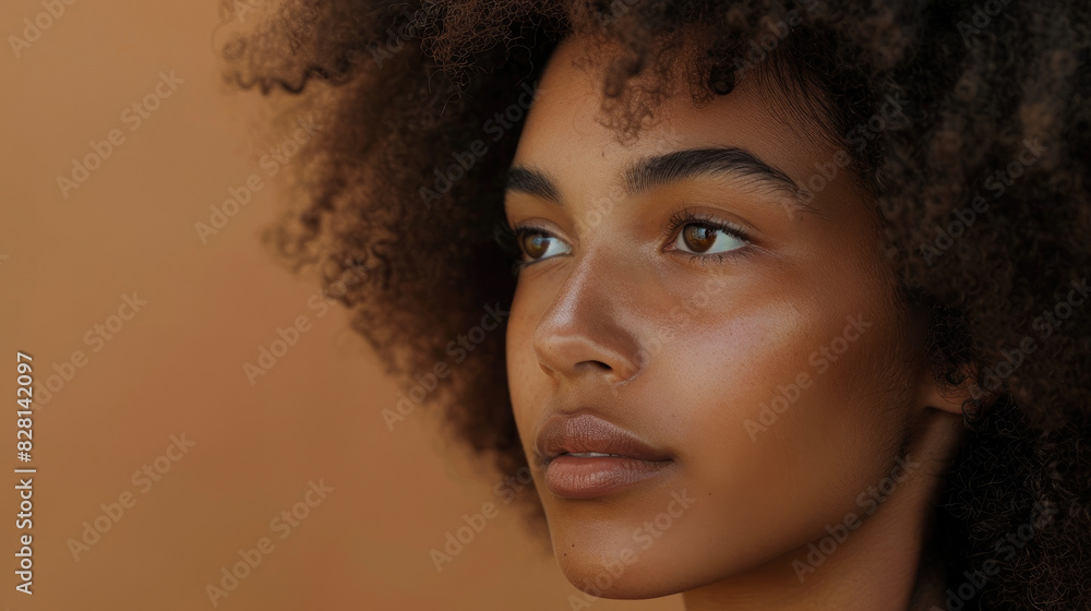 beautiful portrait of black brown woman model with natural face, afro shining curly hair, skin care and cosmetics on brown studio background beautiful portrait of black brown woman model with natural face, afro shining curly hair, skin care and cosmetics on brown studio background