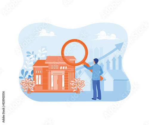 Housing investment. Businessman analyzes housing prices. Real estate business concept. Flat vector illustration.