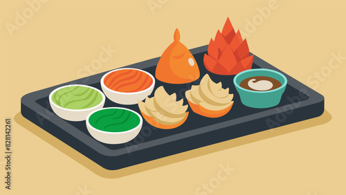 A variety of dipping sauces accompany this snack tray including soy sauce sweet chili and wasabi mayo to elevate the flavors of items like tempura. Vector illustration