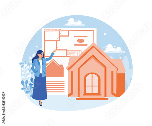 Real estate floor plans. A woman explaining the house floor plan. Real estate business concept. Flat vector illustration.