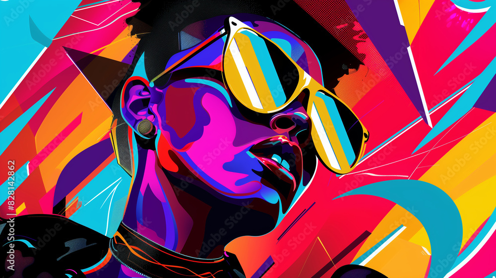 An abstract neon artwork depicting a trendy person wearing reflective sunglasses.