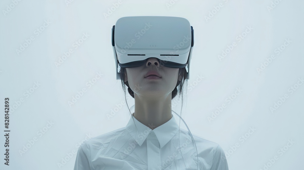 In a white setting, a woman in a white shirt dons VR goggles to explore the metaverse, emphasizing the future of AI integration In a white setting, a woman in a white shirt dons VR goggles to explore the metaverse, emphasizing the future of AI integration