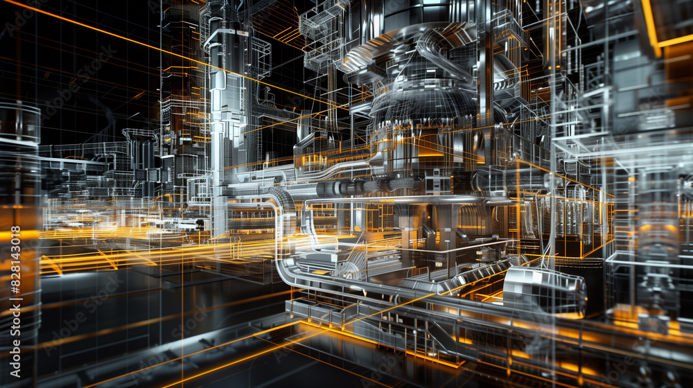 Fototapeta premium A futuristic cityscape with a lot of pipes and wires. The city is illuminated with bright lights, giving it a futuristic and industrial feel