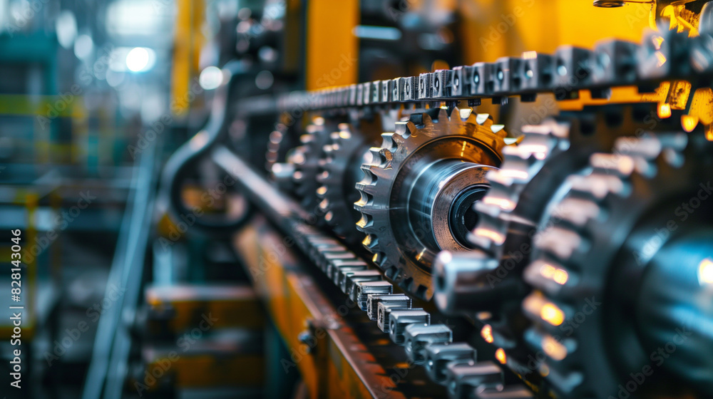 A machine with gears and chains is shown in a factory. Concept of industrial production and machinery A machine with gears and chains is shown in a factory. Concept of industrial production and machinery